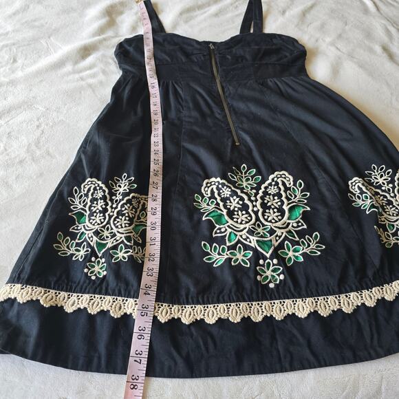 Anthropologie Y2K Black Embroidered Dress Sz 10 Zip Front Strappy Babydoll - Picture 9 of 12